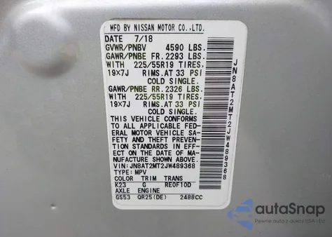 2018 Nissan Rogue Sl z USA, uszkodzony, nr VIN JN8AT2MT2JW489368